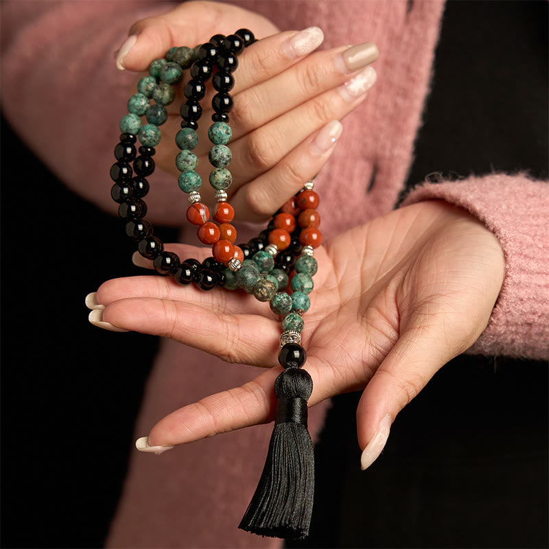 108 Mala Natural Black Onyx Red Jasper Turquoise Beads Buddha Head Tassel Protection Bracelet