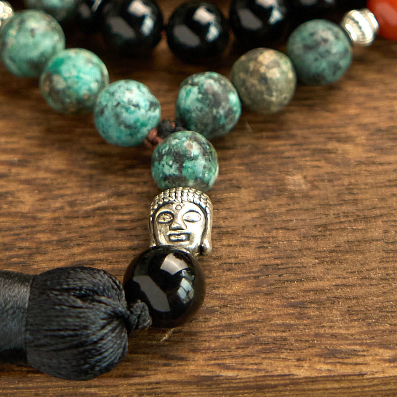 108 Mala Natural Black Onyx Red Jasper Turquoise Beads Buddha Head Tassel Protection Bracelet