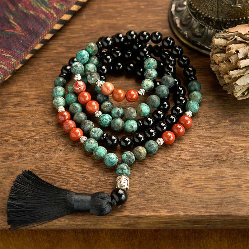 108 Mala Natural Black Onyx Red Jasper Turquoise Beads Buddha Head Tassel Protection Bracelet