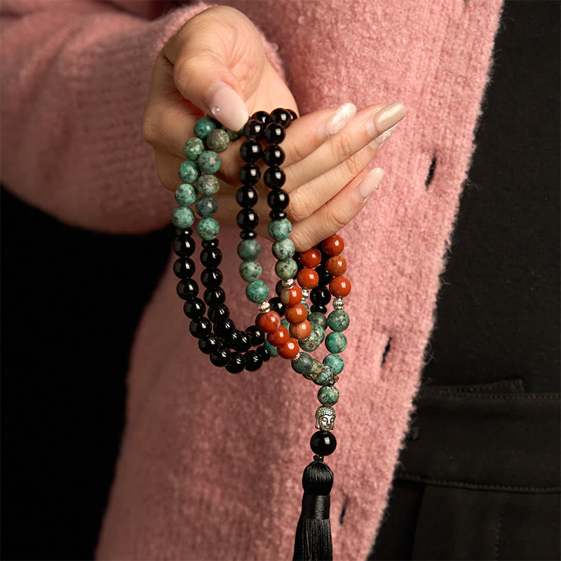 108 Mala Natural Black Onyx Red Jasper Turquoise Beads Buddha Head Tassel Protection Bracelet