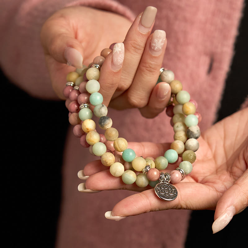 108 Mala Rhodonite Amazonite Beads Lotus Compassion Bracelet