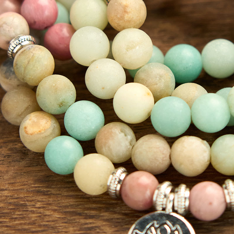 108 Mala Rhodonite Amazonite Beads Lotus Compassion Bracelet
