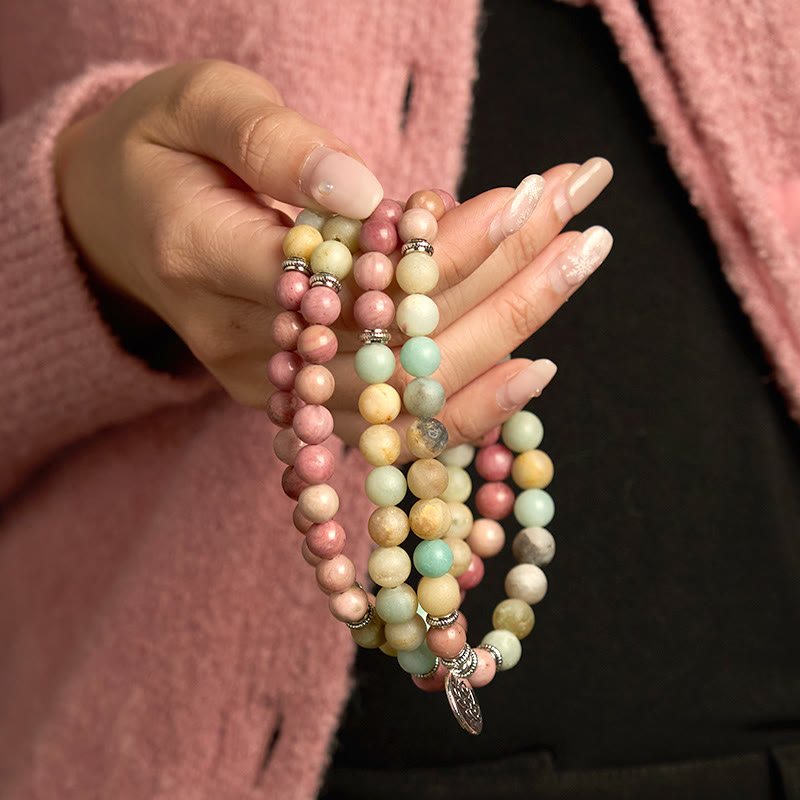 108 Mala Rhodonite Amazonite Beads Lotus Compassion Bracelet