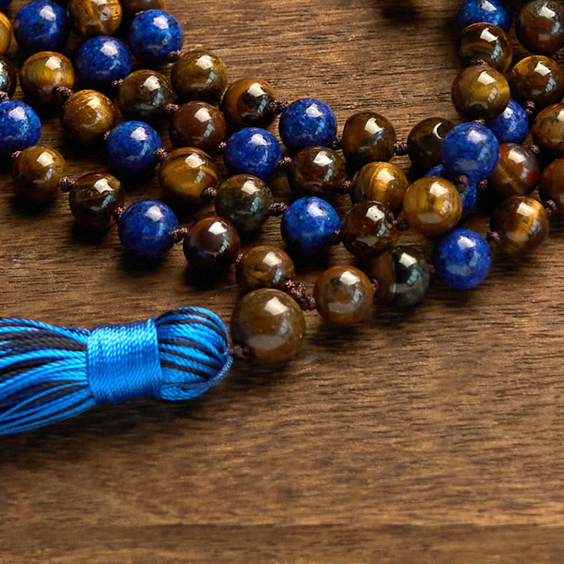 108 Beads Natural Stone Tiger Eye Lazurite Mala Tassel Protection Bracelet