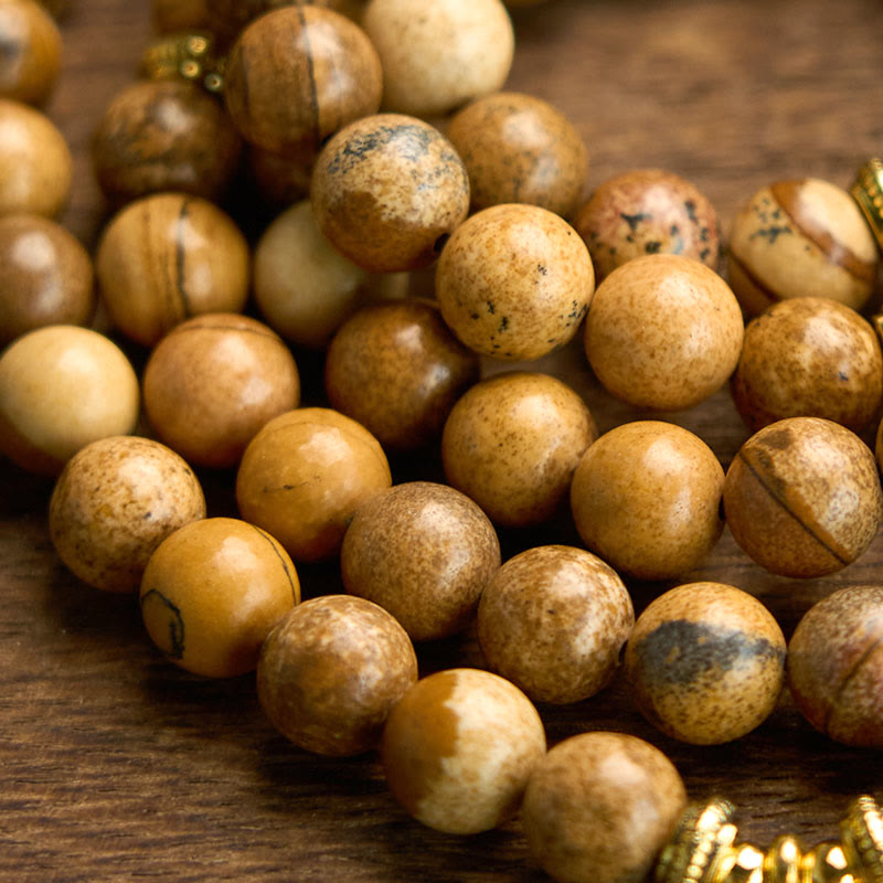 108 Beads Picture Jasper Mala Lotus Charm Meditation Bracelet