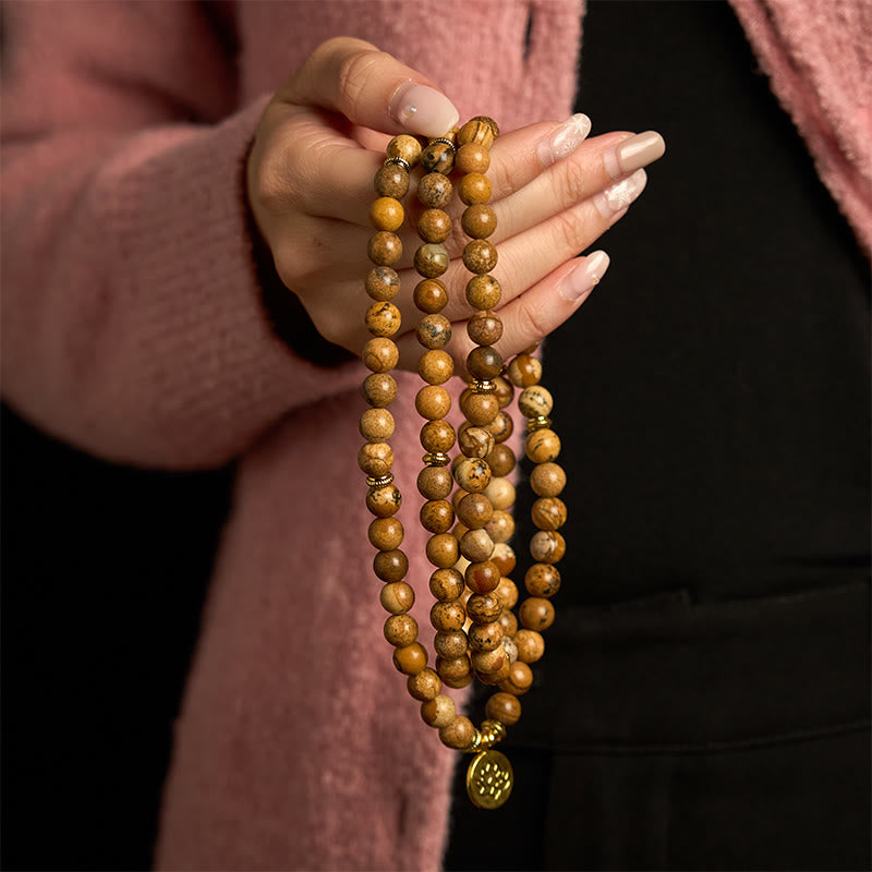 108 Beads Picture Jasper Mala Lotus Charm Meditation Bracelet