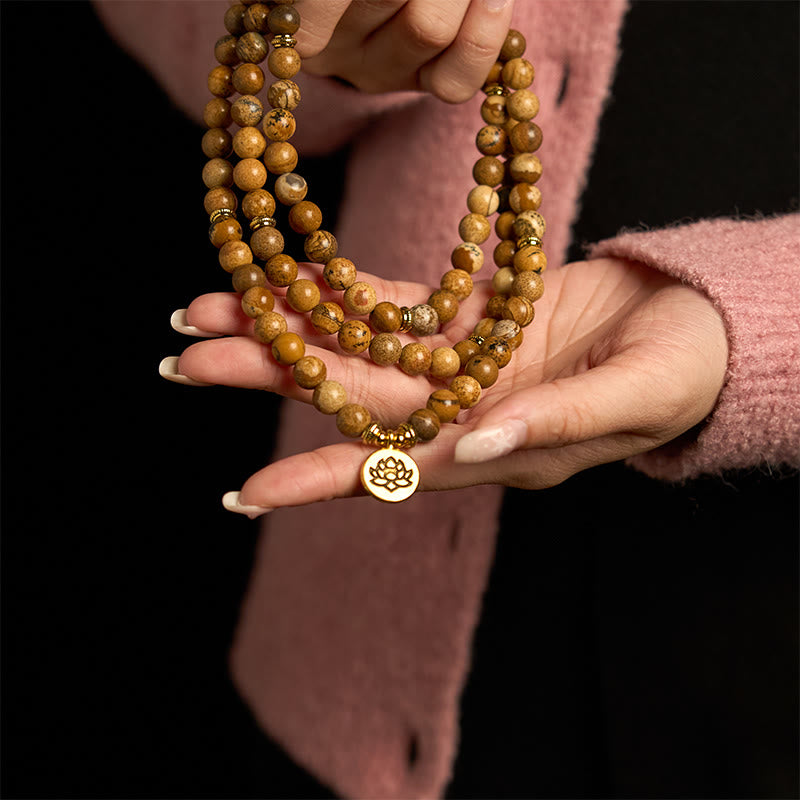 108 Beads Picture Jasper Mala Lotus Charm Meditation Bracelet