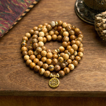 108 Beads Picture Jasper Mala Lotus Charm Meditation Bracelet