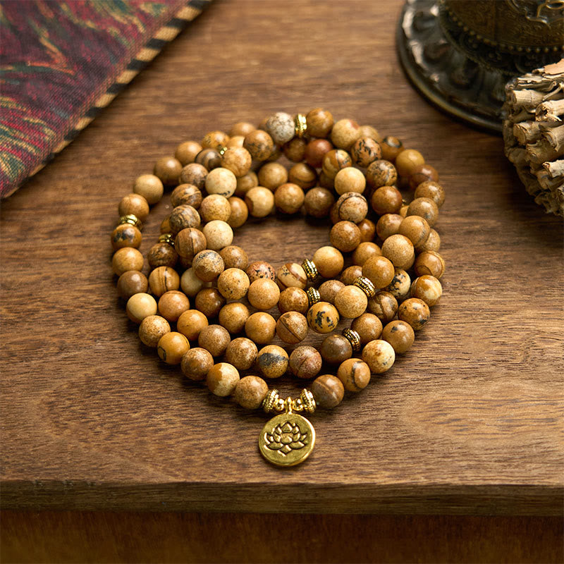 108 Beads Picture Jasper Mala Lotus Charm Meditation Bracelet
