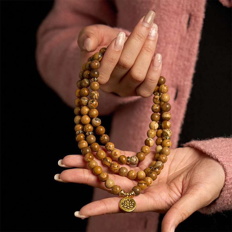 108 Beads Picture Jasper Mala Lotus Charm Meditation Bracelet