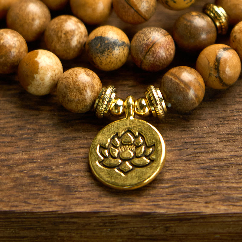108 Beads Picture Jasper Mala Lotus Charm Meditation Bracelet