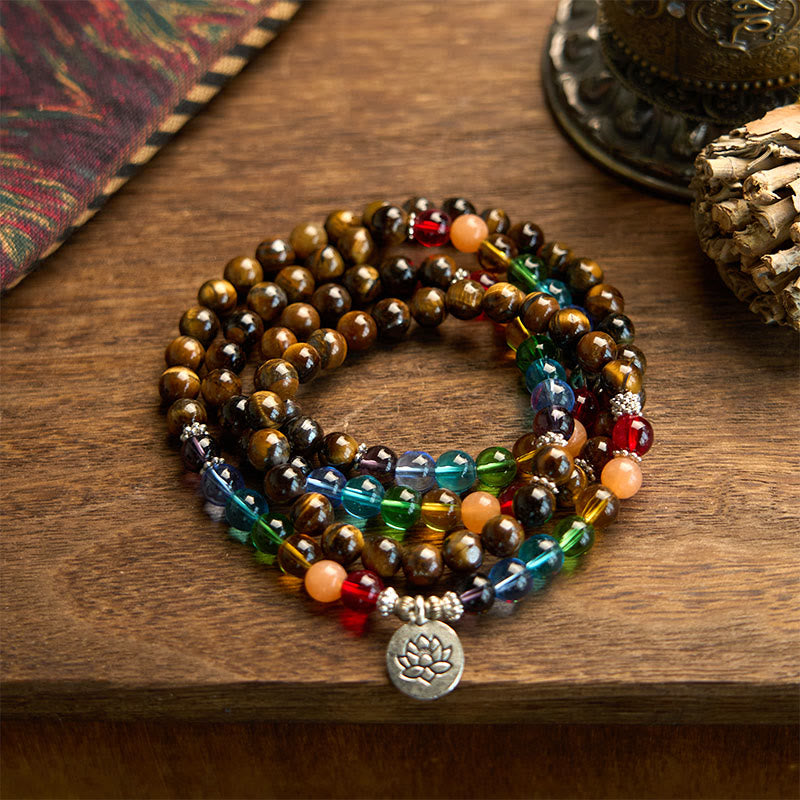 108 Mala Beads Natural Stone Tiger Eye Colored Beads Lotus Protection Bracelet