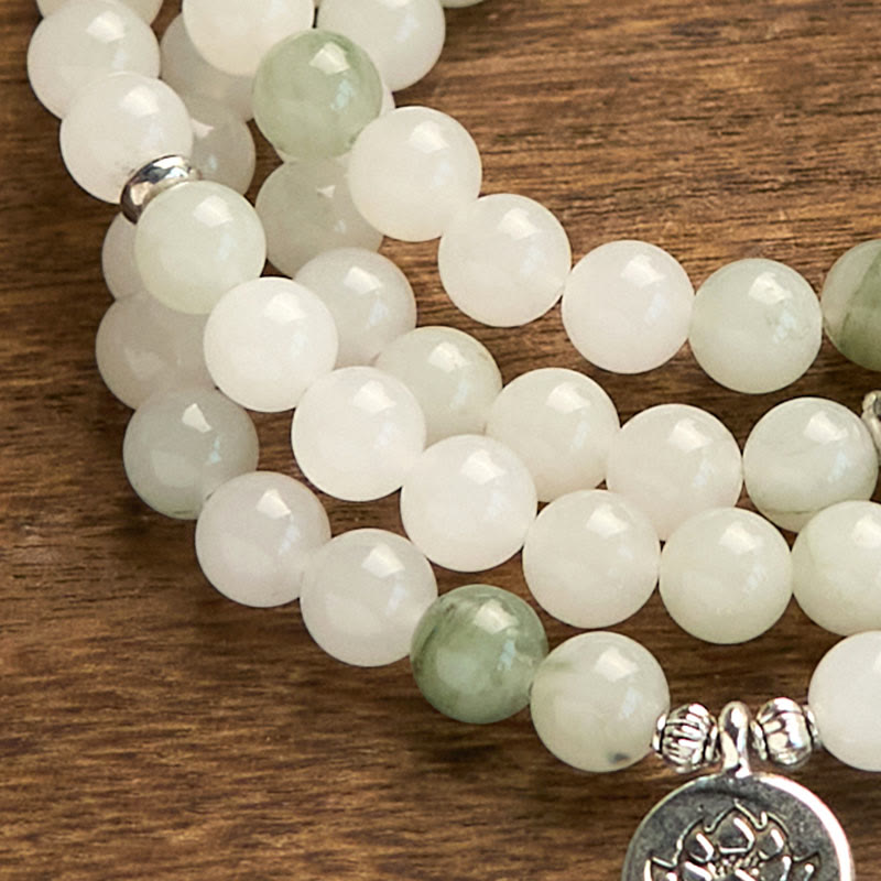 108 Mala Beads Natural Tianshan Jade Lotus Luck Bracelet