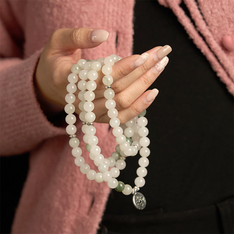 108 Mala Beads Natural Tianshan Jade Lotus Luck Bracelet