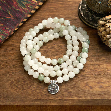108 Mala Beads Natural Tianshan Jade Lotus Luck Bracelet