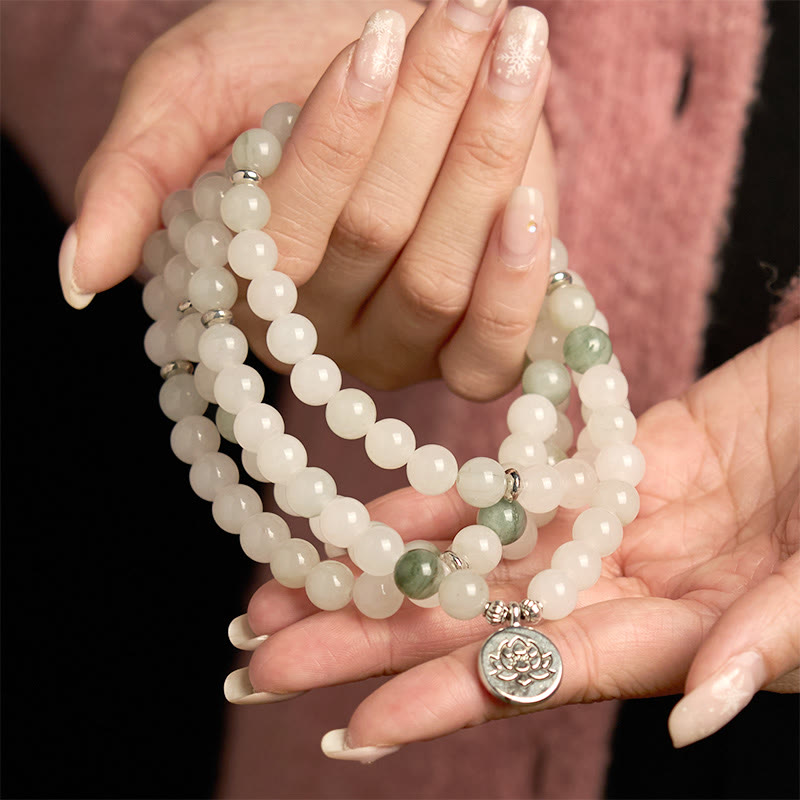 108 Mala Beads Natural Tianshan Jade Lotus Luck Bracelet