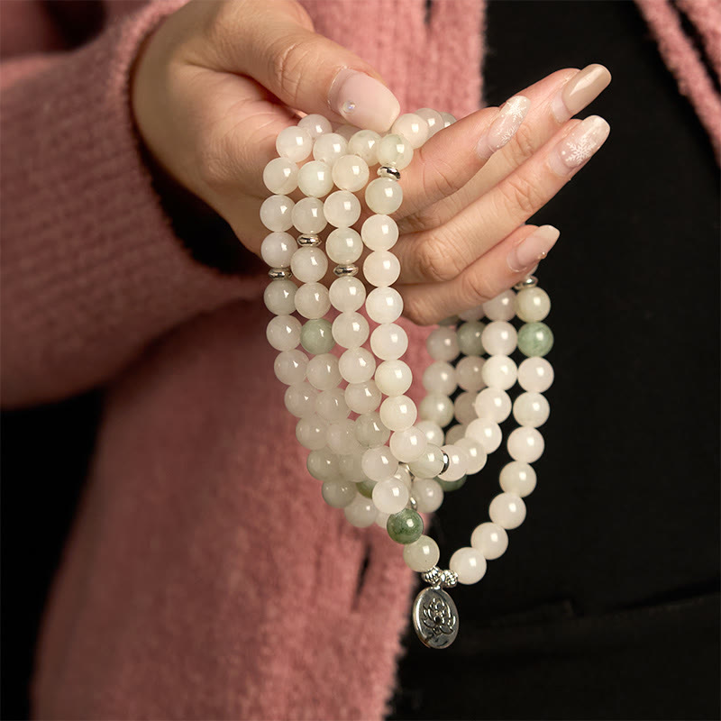 108 Mala Beads Natural Tianshan Jade Lotus Luck Bracelet