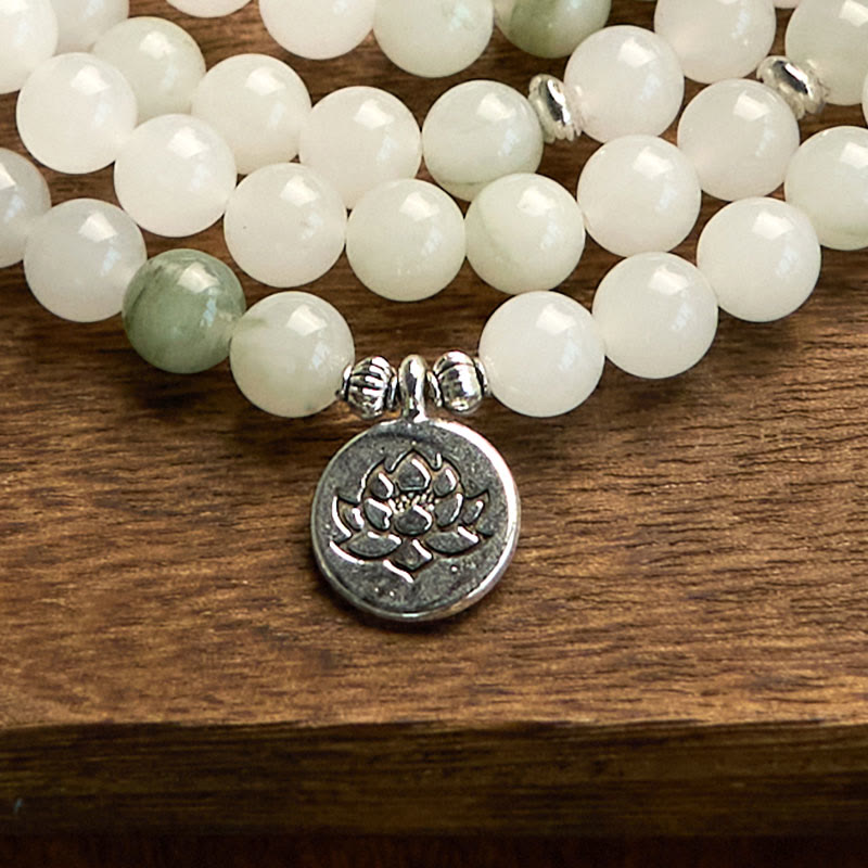 108 Mala Beads Natural Tianshan Jade Lotus Luck Bracelet