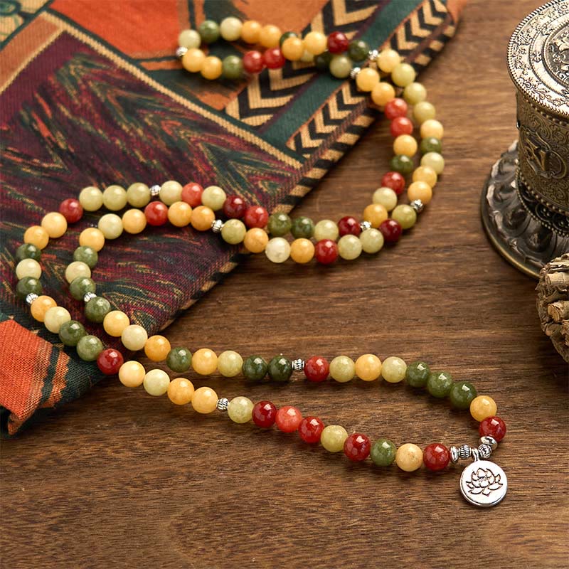 108 Mala Beads Natural Topaz Red Jasper & Green Jasper Lotus Pendant Bracelet