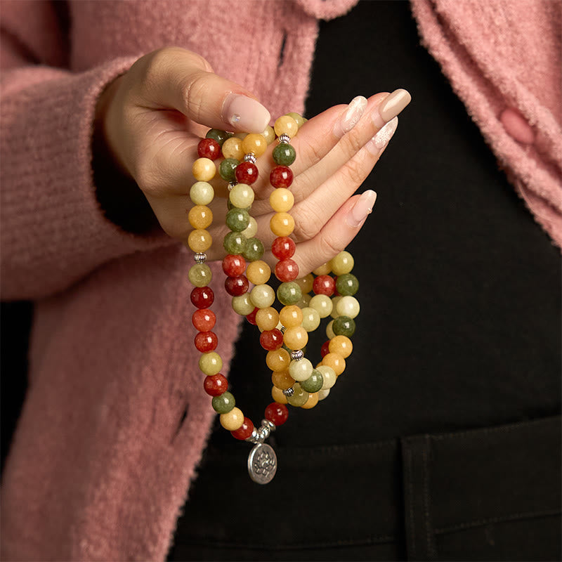 108 Mala Beads Natural Topaz Red Jasper & Green Jasper Lotus Pendant Bracelet