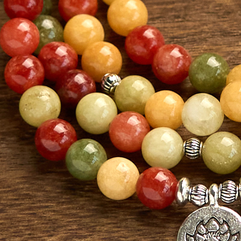 108 Mala Beads Natural Topaz Red Jasper & Green Jasper Lotus Pendant Bracelet