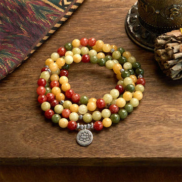 108 Mala Beads Natural Topaz Red Jasper & Green Jasper Lotus Pendant Bracelet