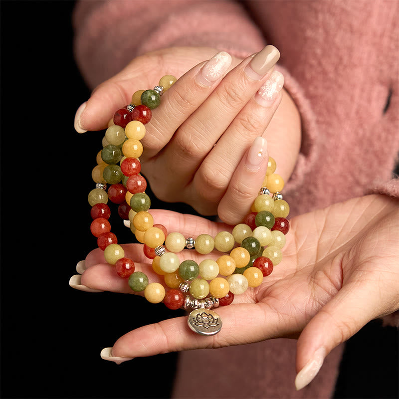 108 Mala Beads Natural Topaz Red Jasper & Green Jasper Lotus Pendant Bracelet