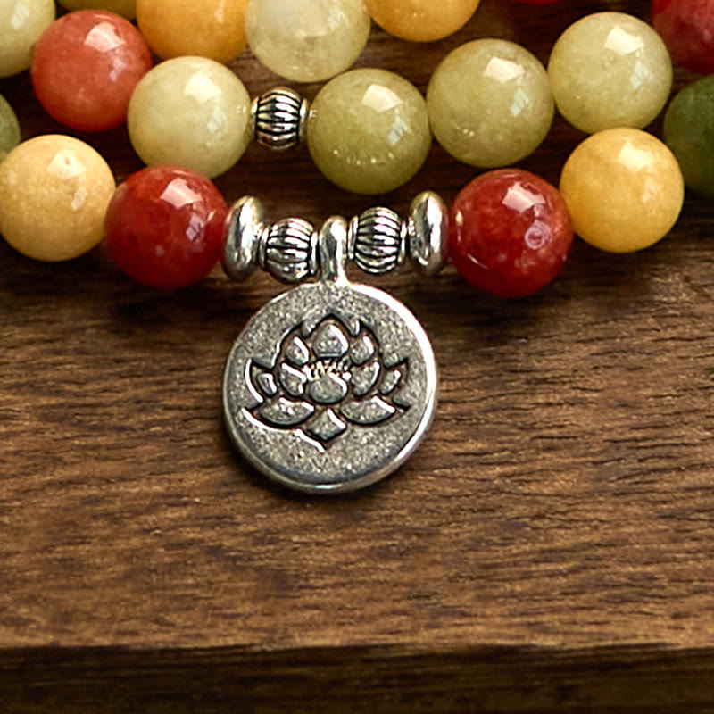 108 Mala Beads Natural Topaz Red Jasper & Green Jasper Lotus Pendant Bracelet
