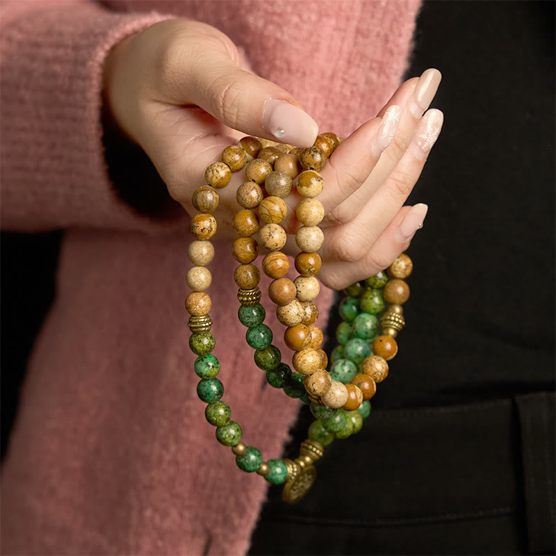 108 Mala Beads Natural Stone Picture Jasper Turquoise Lotus Positive Bracelet