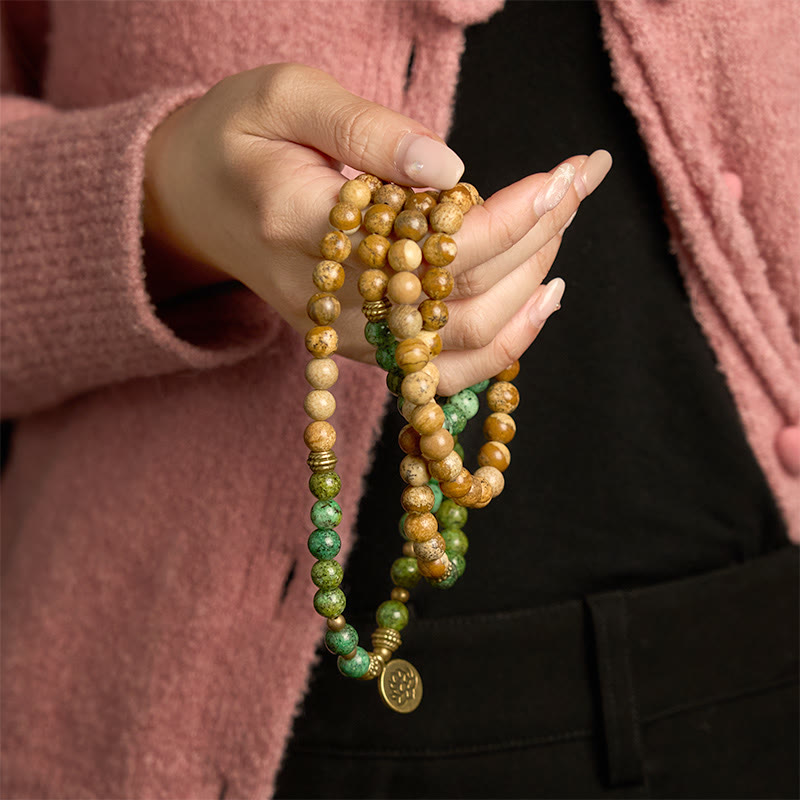 108 Mala Beads Natural Stone Picture Jasper Turquoise Lotus Positive Bracelet