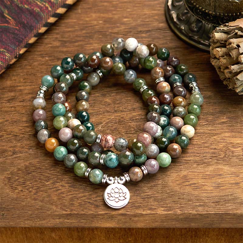 108 Mala Beads Natural Stone Indian Agate Lotus Calm Bracelet