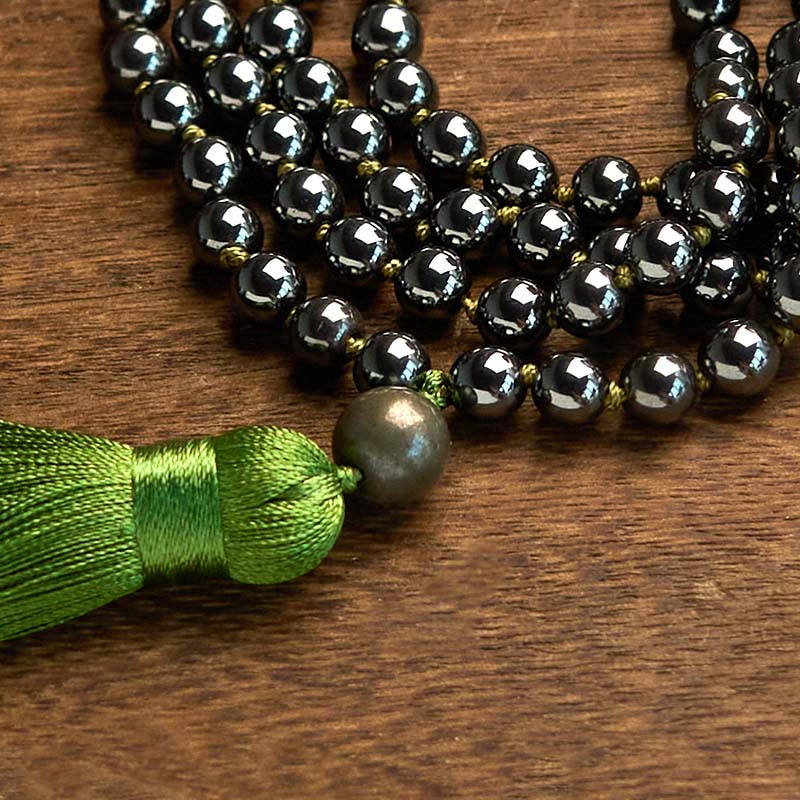 Natural Hematite 108 Mala Beads Bracelet with Green Tassel for Meditation