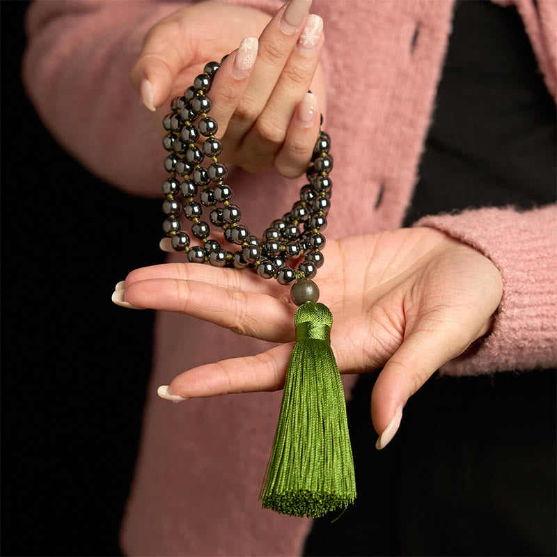 Natural Hematite 108 Mala Beads Bracelet with Green Tassel for Meditation