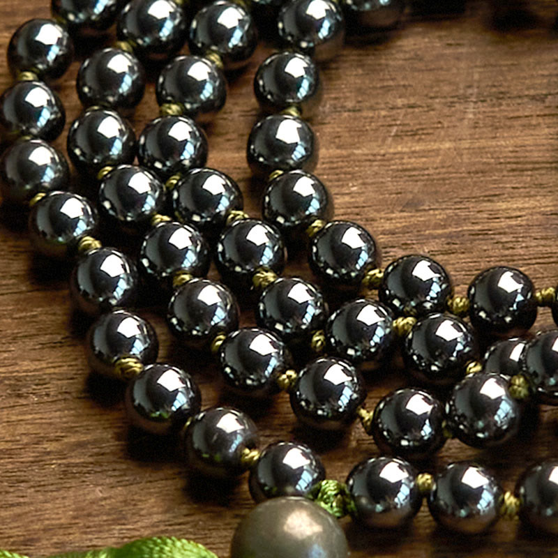 Natural Hematite 108 Mala Beads Bracelet with Green Tassel for Meditation