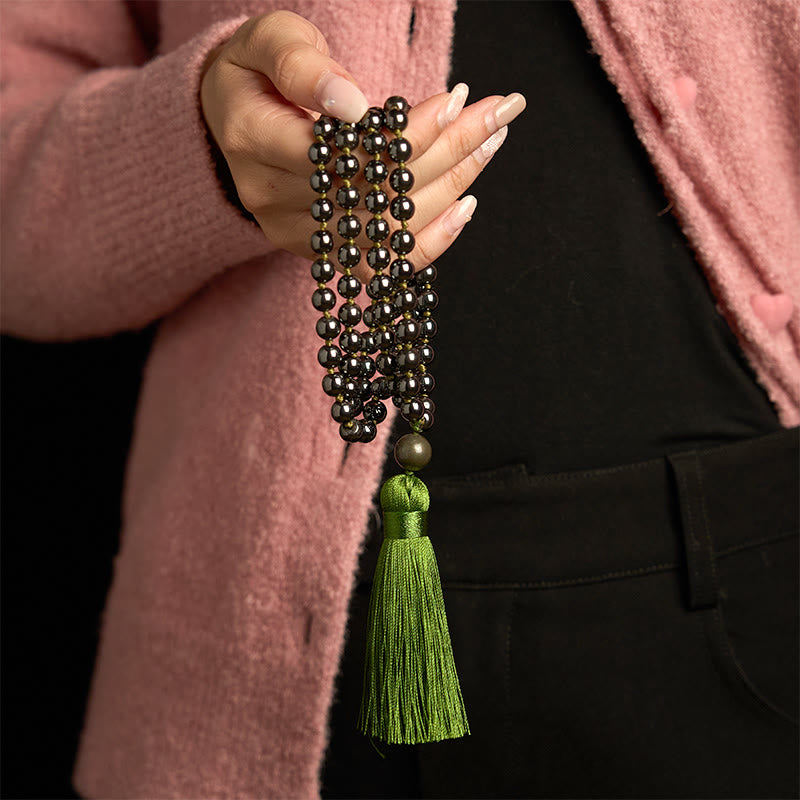 Natural Hematite 108 Mala Beads Bracelet with Green Tassel for Meditation