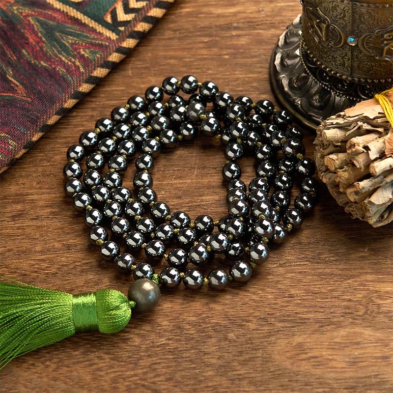 Natural Hematite 108 Mala Beads Bracelet with Green Tassel for Meditation