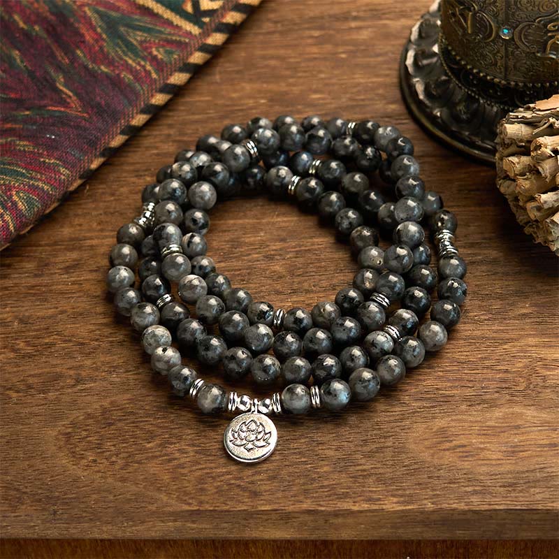 108 Mala Beads Multi-layer Natural Black Glitter Stone Lotus Positivity Bracelet