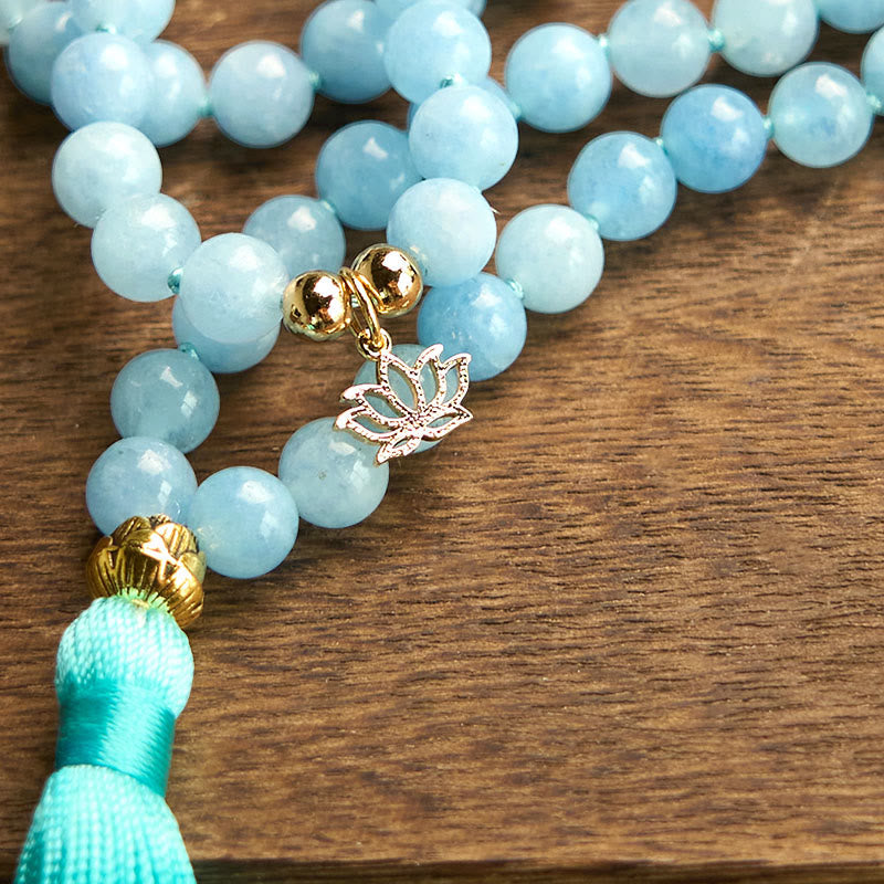 108 Mala Beads Natural Stone Aquamarine Tassel Lotus Healing Bracelet