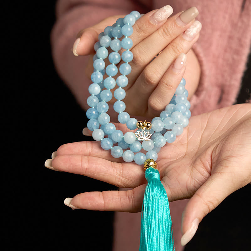 108 Mala Beads Natural Stone Aquamarine Tassel Lotus Healing Bracelet