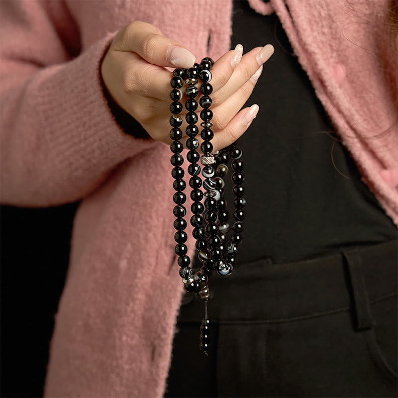 108 Mala Beads Natural Stone Black Onyx Protection Bracelet