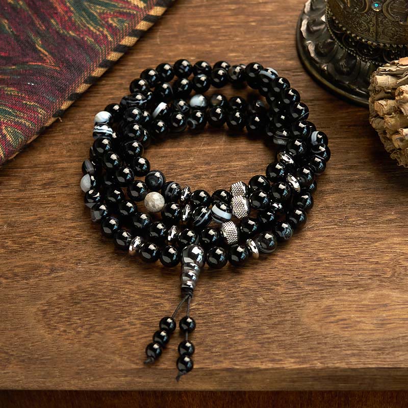 108 Mala Beads Natural Stone Black Onyx Protection Bracelet