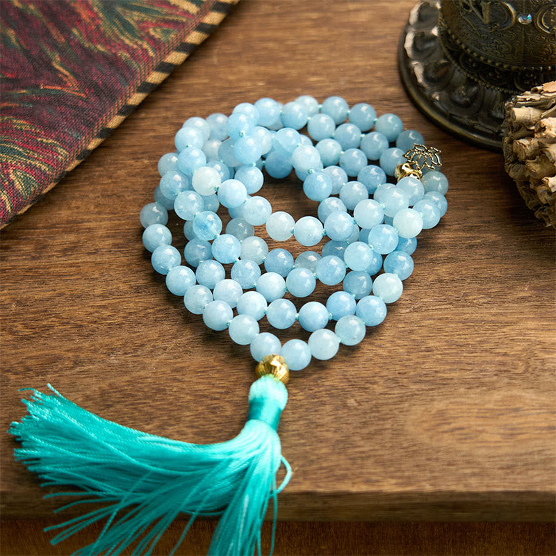 108 Mala Beads Natural Stone Aquamarine Tassel Lotus Healing Bracelet