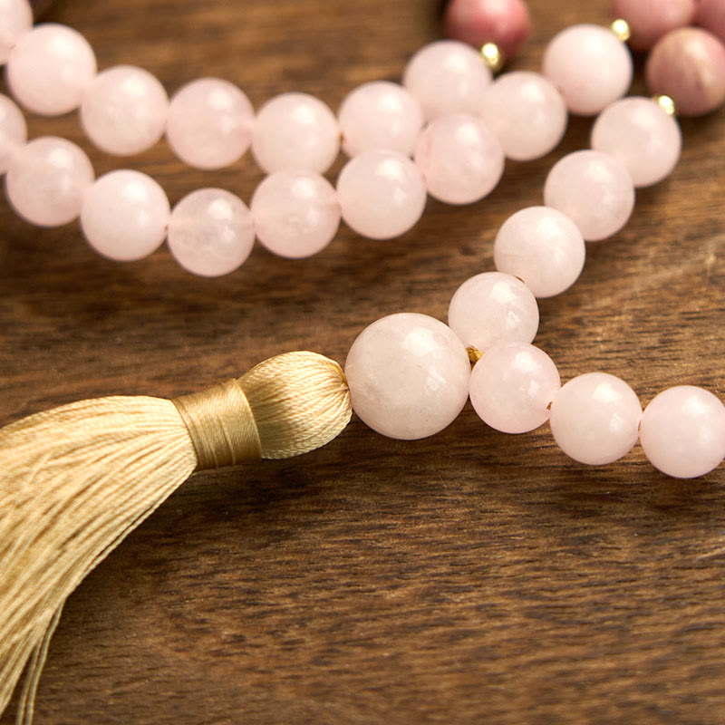 108 Mala Beads Rhodonite Rose Quartz Tassel Healing Bracelet