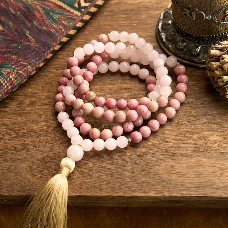 108 Mala Beads Rhodonite Rose Quartz Tassel Healing Bracelet