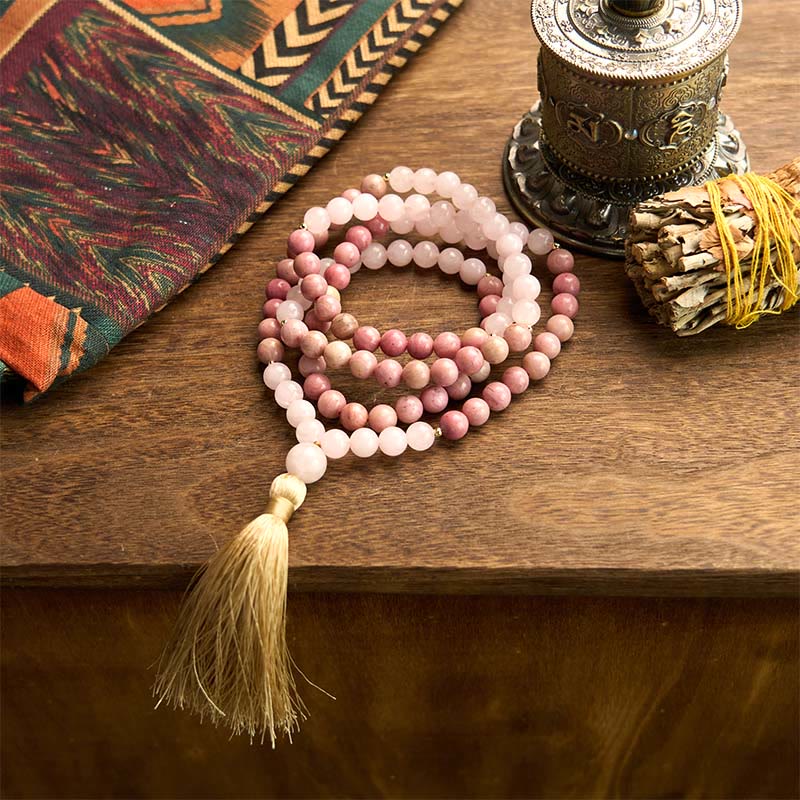 108 Mala Beads Rhodonite Rose Quartz Tassel Healing Bracelet