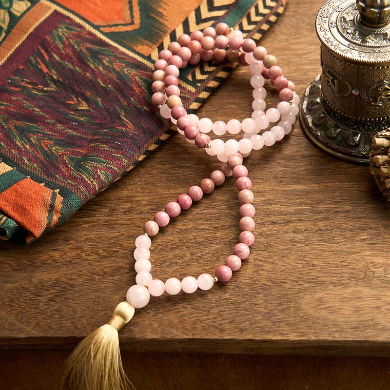 108 Mala Beads Rhodonite Rose Quartz Tassel Healing Bracelet