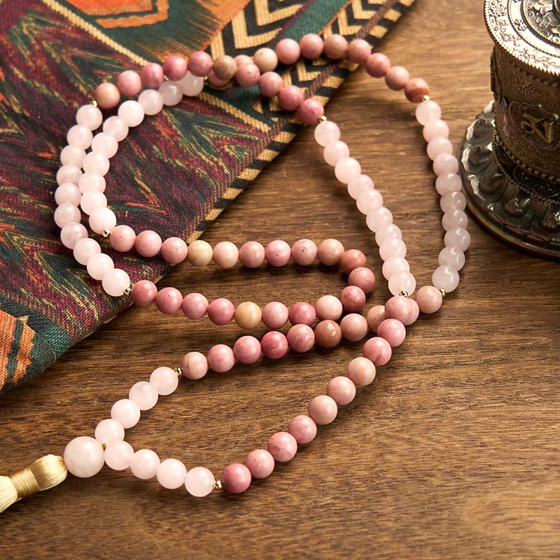 108 Mala Beads Rhodonite Rose Quartz Tassel Healing Bracelet