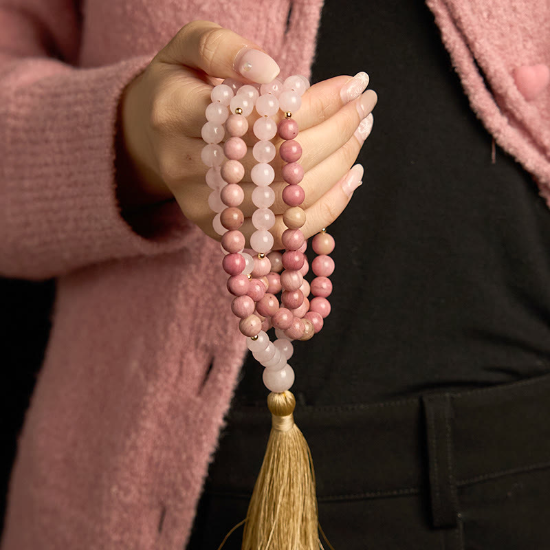 108 Mala Beads Rhodonite Rose Quartz Tassel Healing Bracelet
