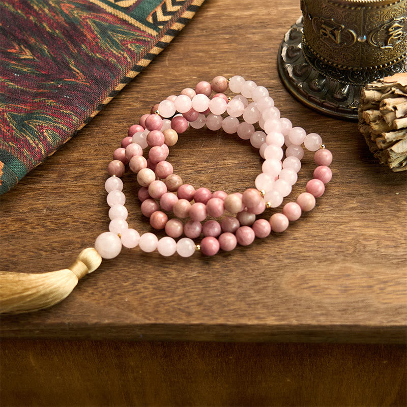 108 Mala Beads Rhodonite Rose Quartz Tassel Healing Bracelet