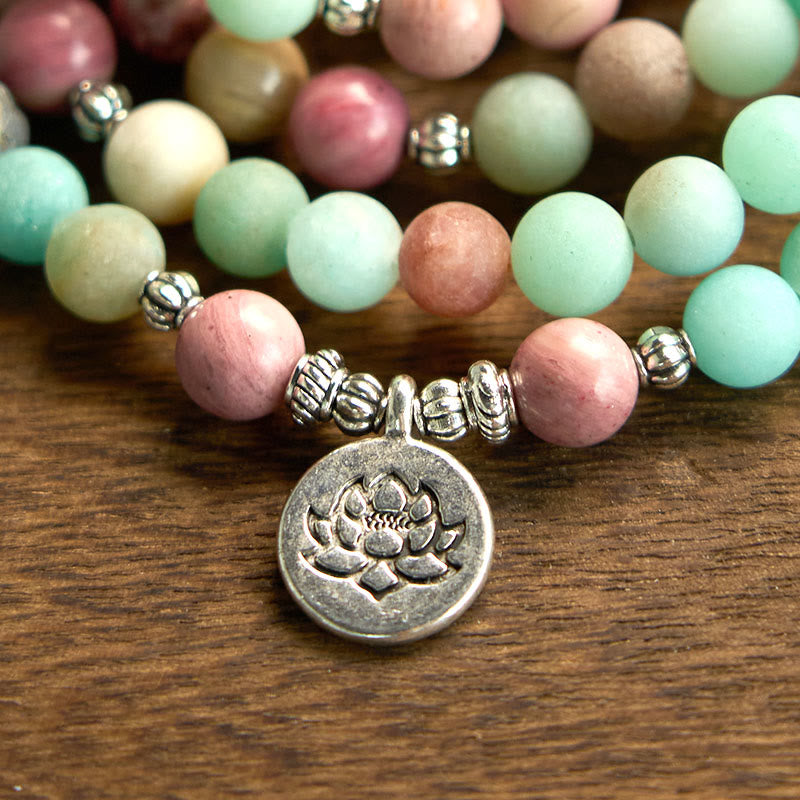 108 Mala Beads Rhodonite Amazonite Lotus Healing Bracelet